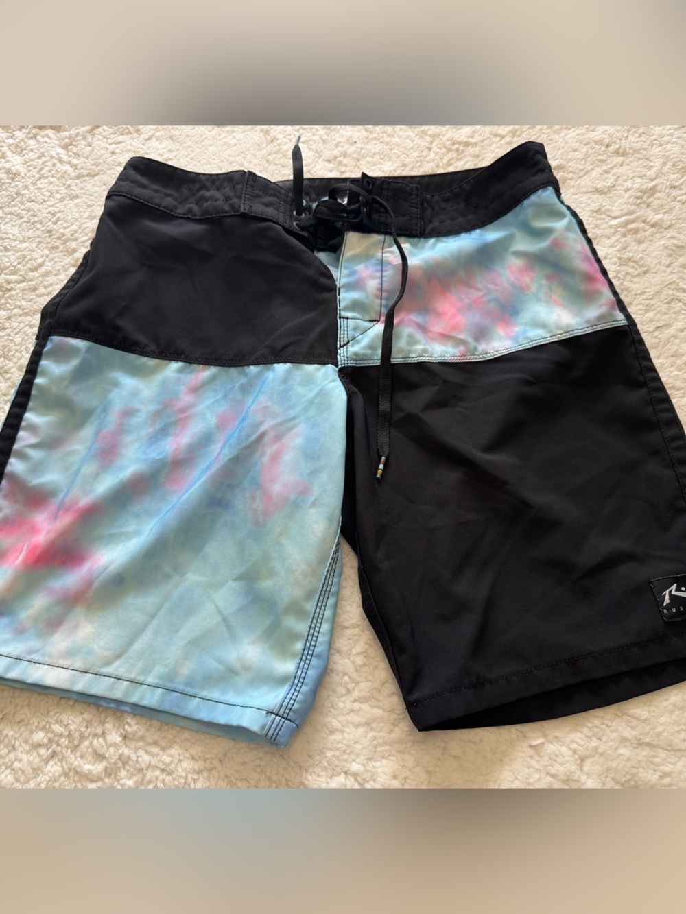 Rusty Black with Pastel Blue & Pink Tie-Dye Panel Men’s Board Shorts